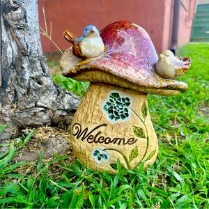 Fairy Core Magic Mushroom Welcome Home Porcelain Garden Statue Birds